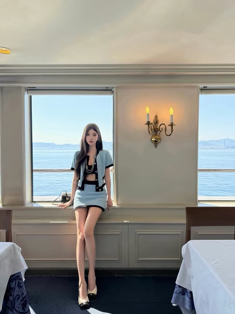 chicyou paris dairy 파란색 화이트 샤오시엔 두꺼운 바늘 니트 반팔 오픈 가디건 미니 스커트 세트 상세 이미지 2