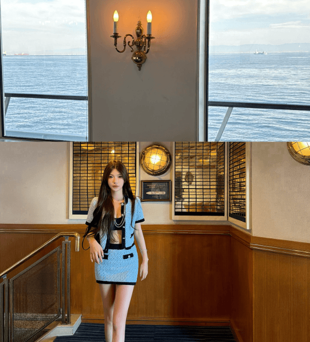 chicyou paris dairy 파란색 화이트 샤오시엔 두꺼운 바늘 니트 반팔 오픈 가디건 미니 스커트 세트 상세 이미지 5