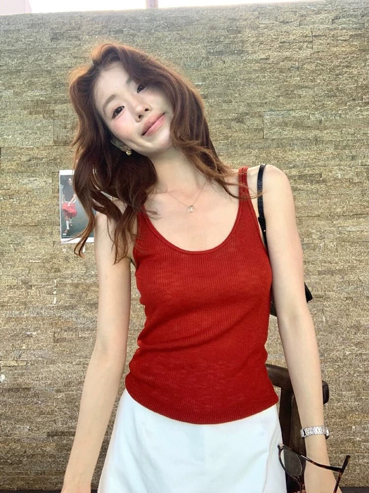 아메리칸 핫걸 빨간색 u 칼라 니트 캐미솔 여름 표지 대리인 우유 인사이드 가져 가라. 몸매 가꾸기 외출용 민소매 맨위 상세 이미지 8