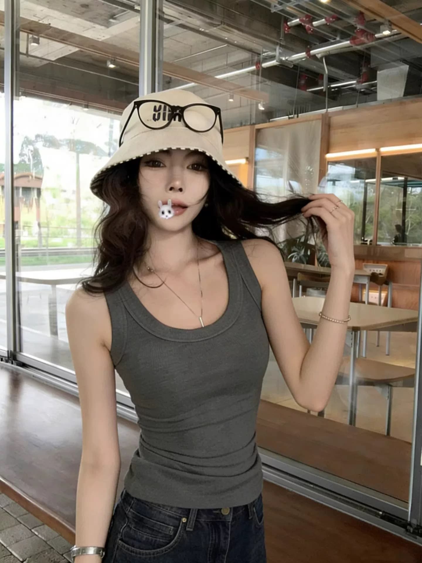 회색 운동 u 칼라 캐미솔 여름 인사이드 가져 가라. 순수한 욕망 몸매 가꾸기 표지 대리인 우유 민소매 맨위 상세 이미지 1