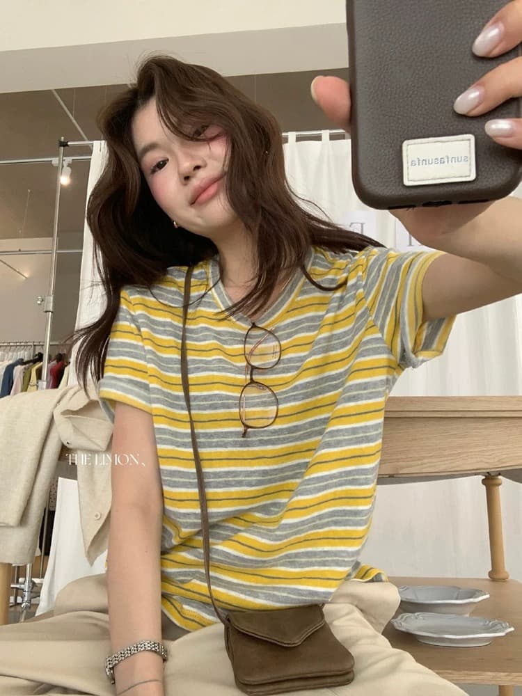 한 부서 파란색 스트라이프 라운드 넥 반팔 티셔츠 여성 여름 새로운 느긋한 바람 루즈핏 캐주얼 긍정적 인 어깨 동정 맨위 이미지 2