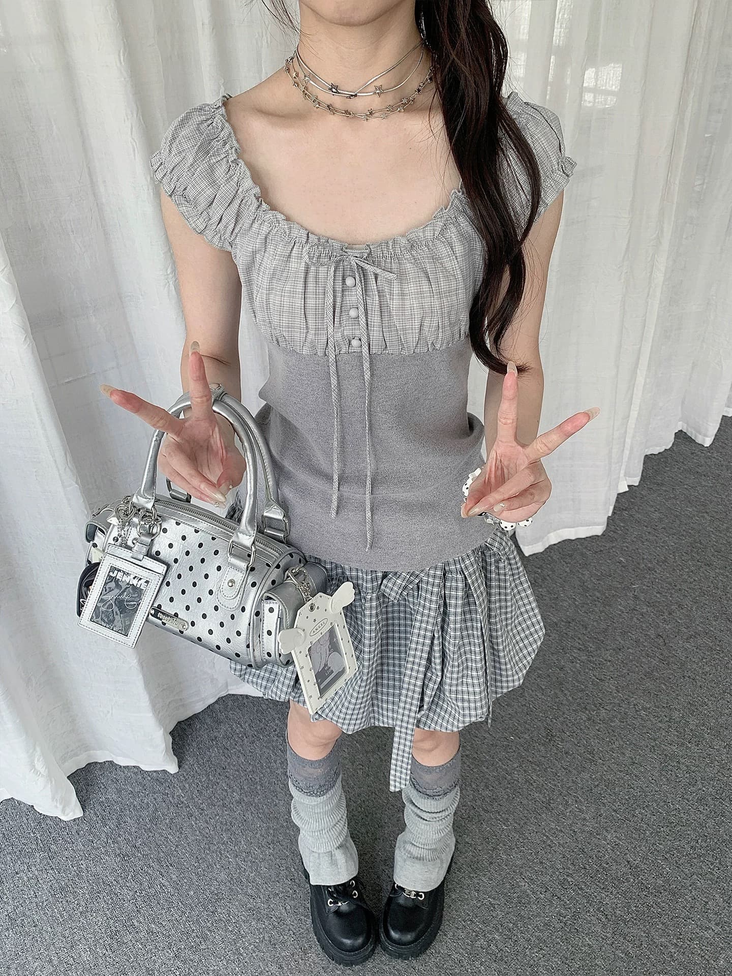 여름 체크무늬 패치워크 거품 소매 민소매 티셔츠 여성 빛 아시아 인 바람 일본식 몸매 가꾸기 슬림해 보이는 달콤함 맨위 이미지 3