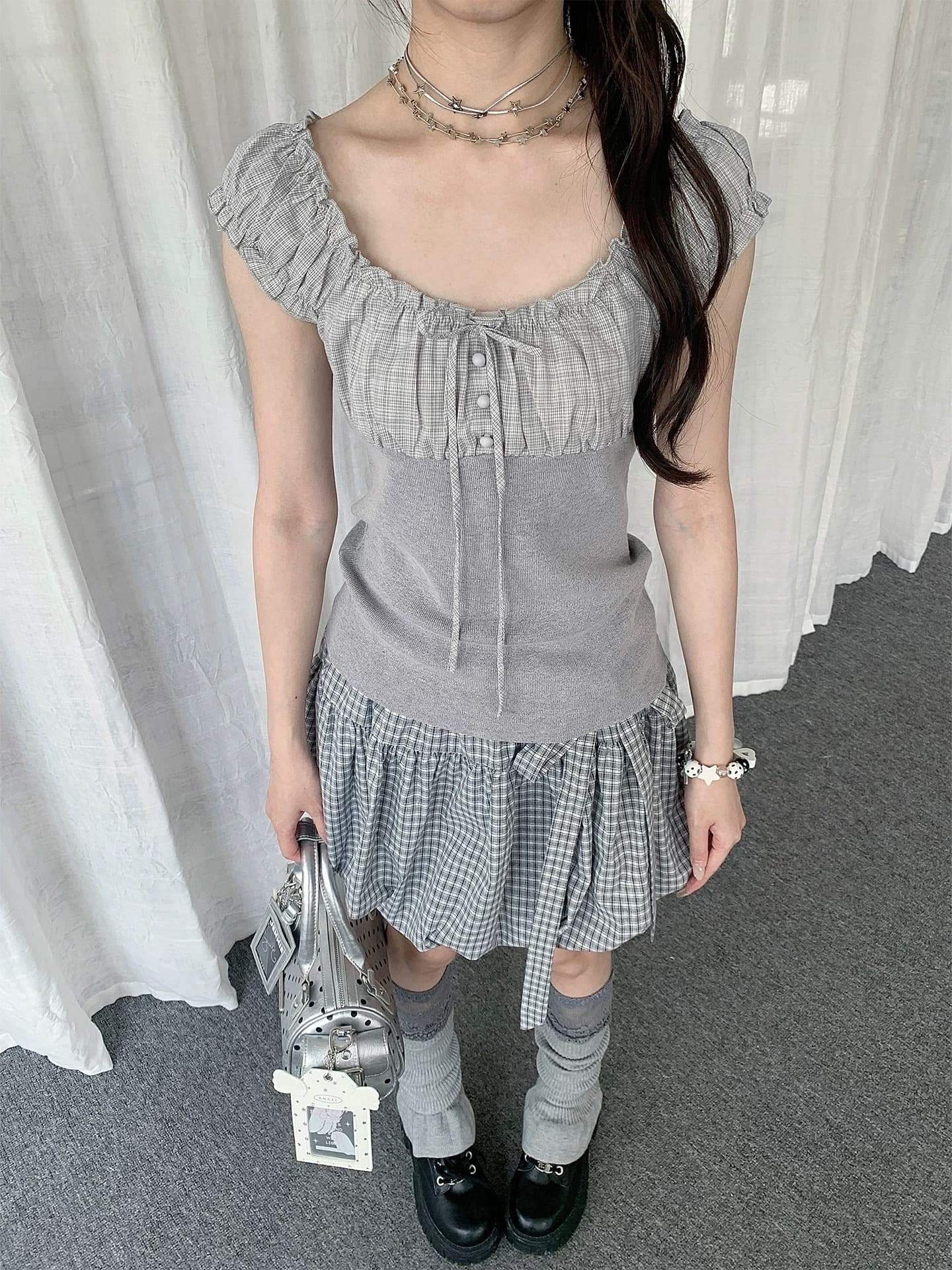 여름 체크무늬 패치워크 거품 소매 민소매 티셔츠 여성 빛 아시아 인 바람 일본식 몸매 가꾸기 슬림해 보이는 달콤함 맨위 상세 이미지 3