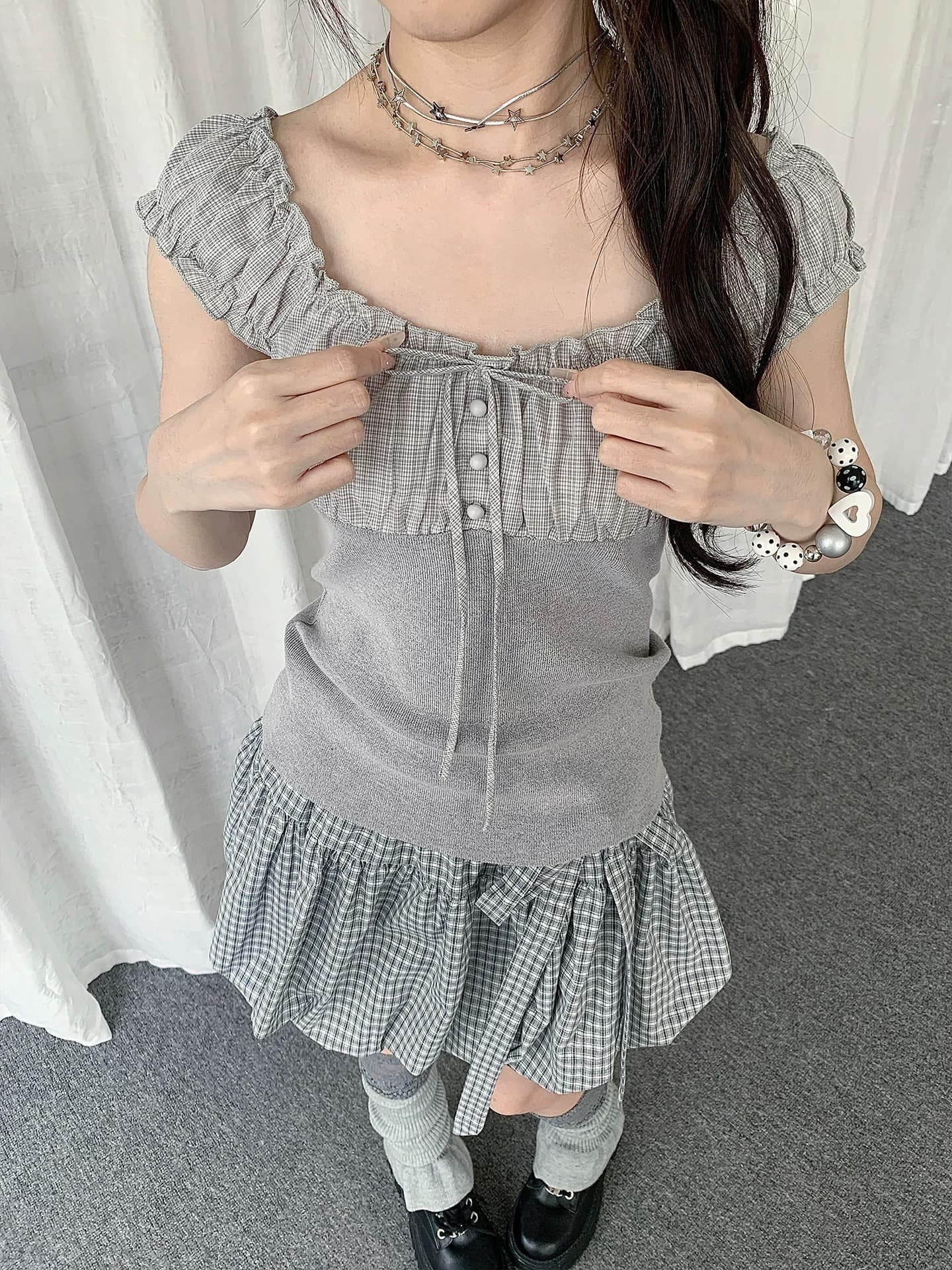 여름 체크무늬 패치워크 거품 소매 민소매 티셔츠 여성 빛 아시아 인 바람 일본식 몸매 가꾸기 슬림해 보이는 달콤함 맨위 상세 이미지 4