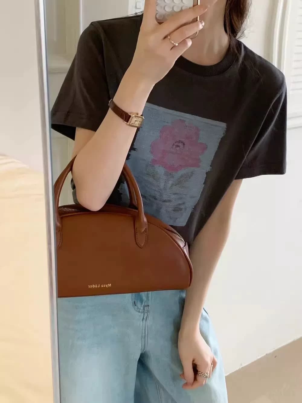 한 부서 레트로 꽃 프린트 긍정적 인 어깨 반팔 티셔츠 여성 여름 루즈핏 다용도 슬림해 보이는 동정 기본 셔츠 맨위 상세 이미지 4