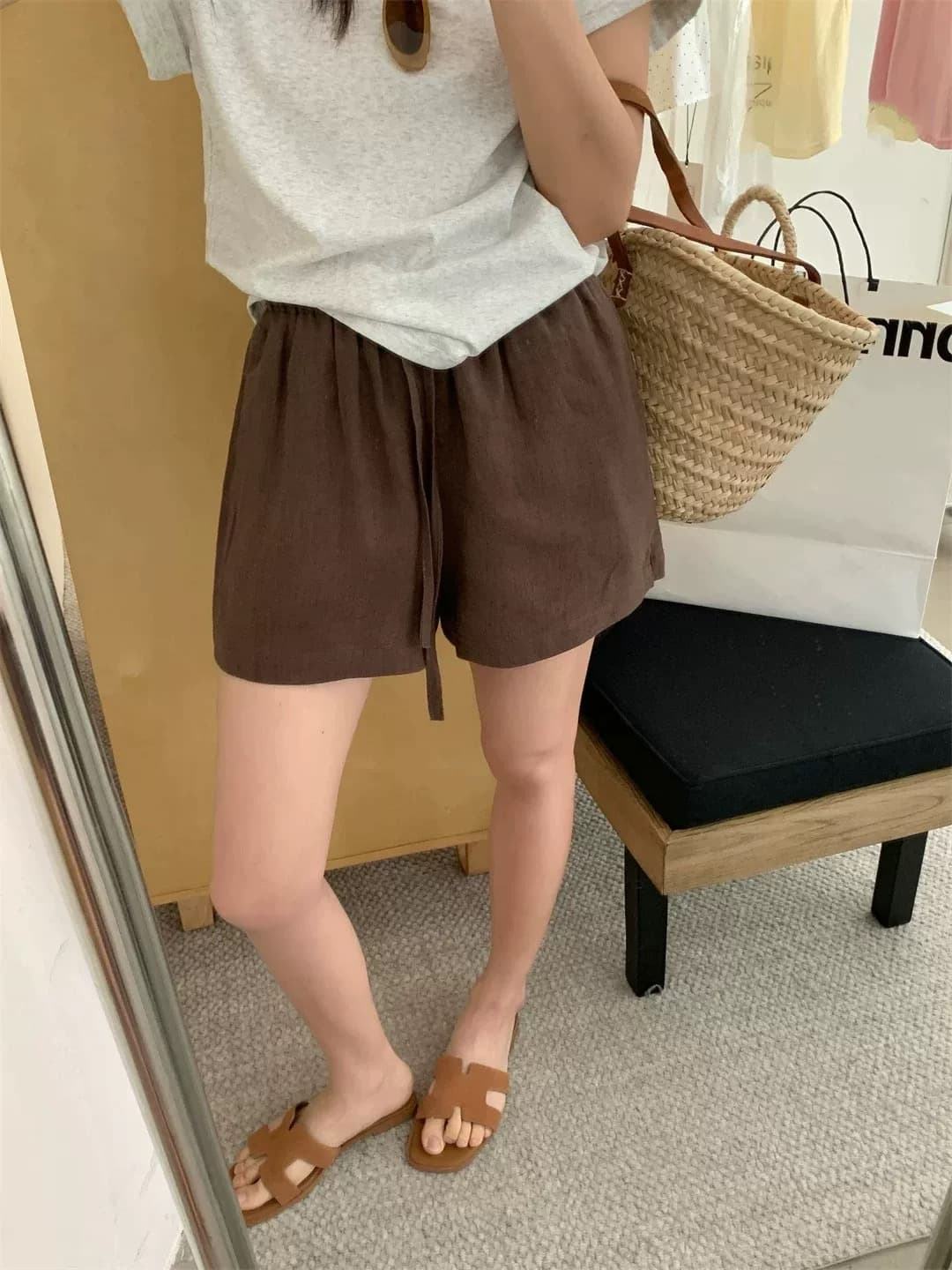 일본식 레트로 면 린넨 화이트 넓은 다리가 짧다. 바지 여성 여름 오래된 돈 바람 루즈핏 슬림해 보이는 한 마디 하이웨이스트 면 린넨 스트레이트 팬츠 상세 이미지 3