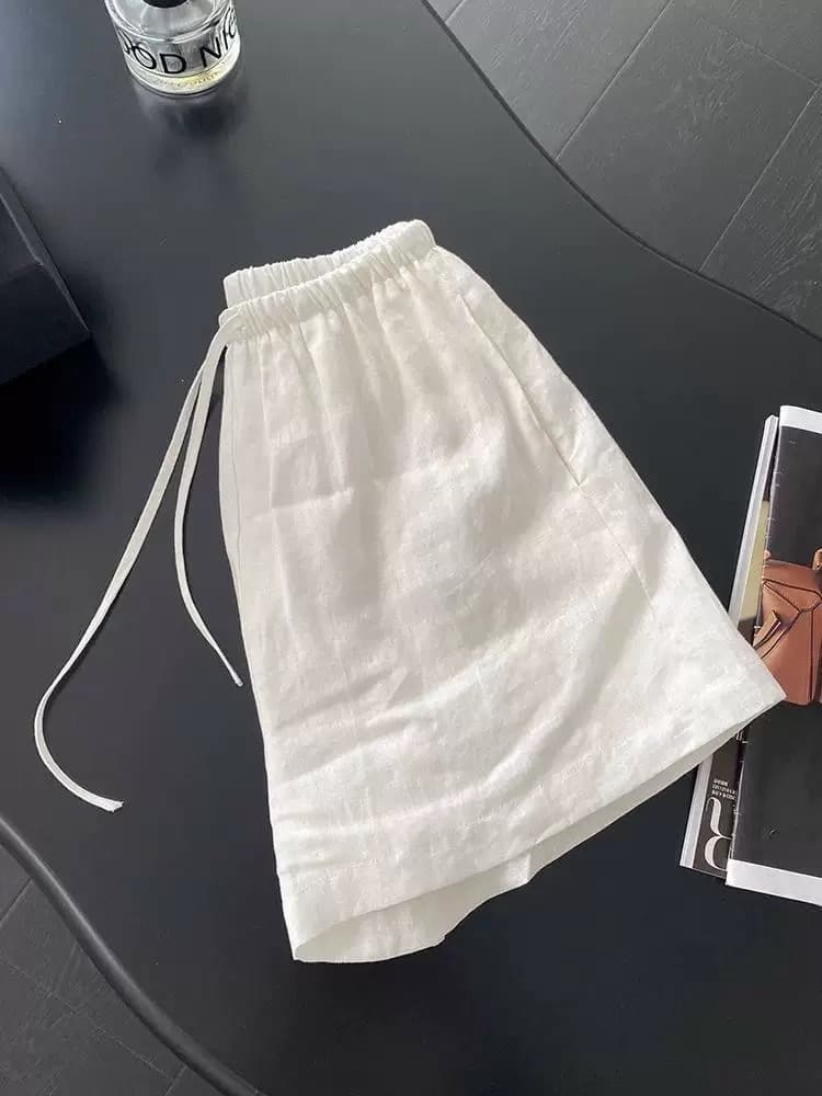 일본식 레트로 면 린넨 화이트 넓은 다리가 짧다. 바지 여성 여름 오래된 돈 바람 루즈핏 슬림해 보이는 한 마디 하이웨이스트 면 린넨 스트레이트 팬츠 상세 이미지 12