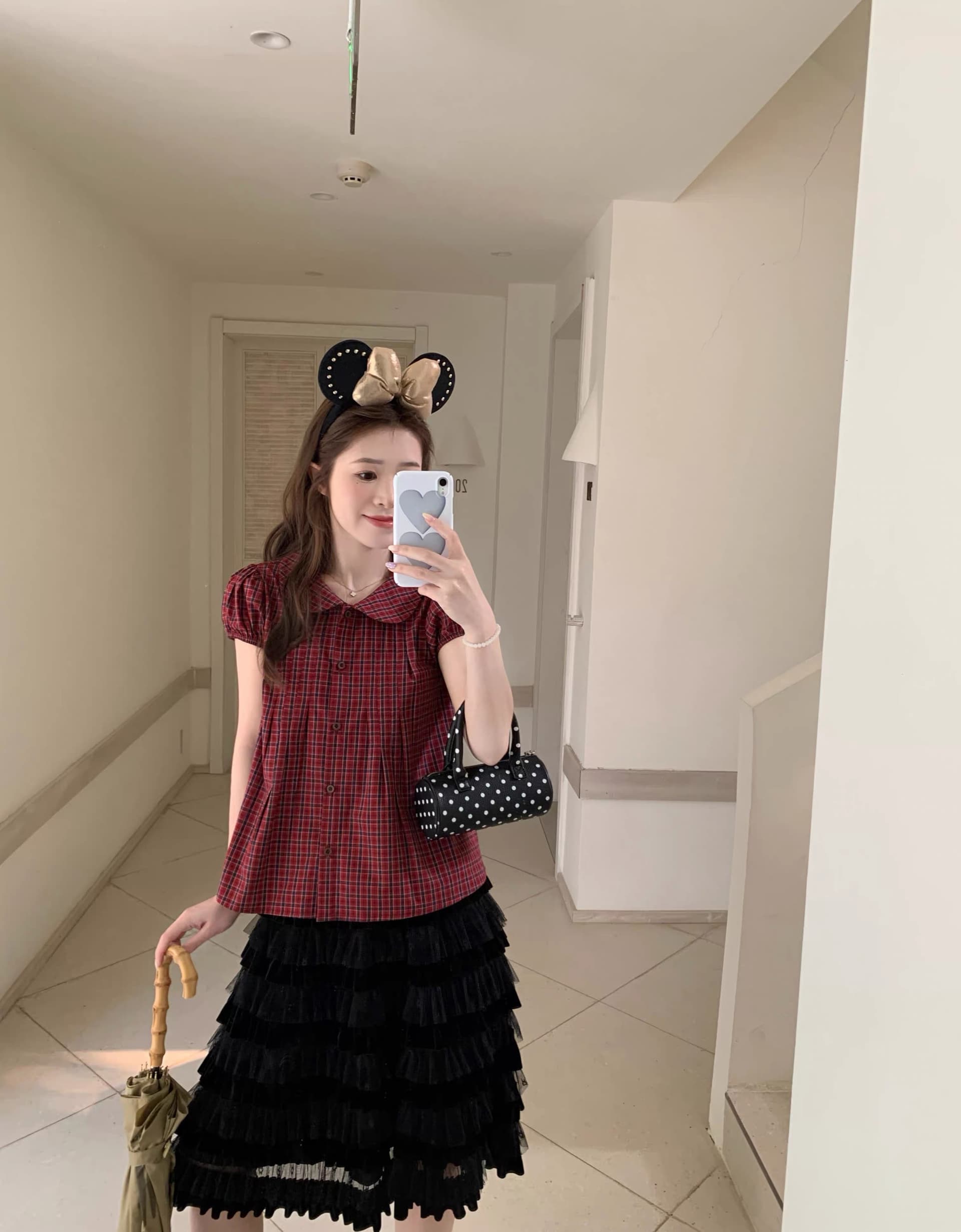 소녀 센스 진한 빨강 그리드 베이비 칼라 격자 무늬 셔츠 맨위 인형 셔츠 면 100% 상세 이미지 1