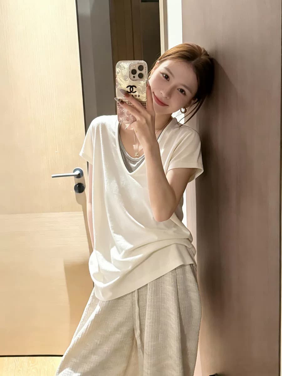 한 부서 화이트 애쉬 패치워크 페이크 레이어드 스택 착용 V넥 반팔 티셔츠 여성 여름 루즈핏 느긋한 바람 반소매 캐주얼 맨위 상세 이미지 5