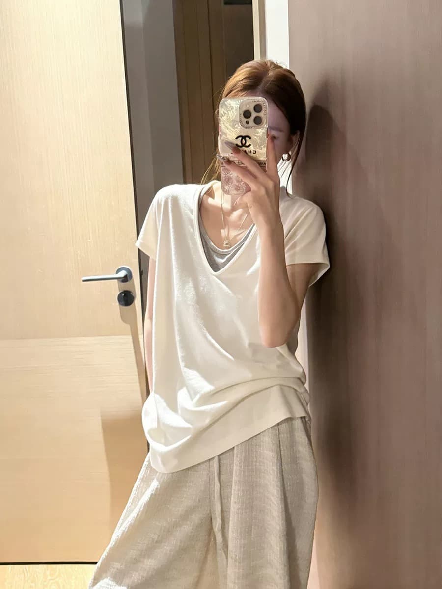한 부서 화이트 애쉬 패치워크 페이크 레이어드 스택 착용 V넥 반팔 티셔츠 여성 여름 루즈핏 느긋한 바람 반소매 캐주얼 맨위 상세 이미지 7