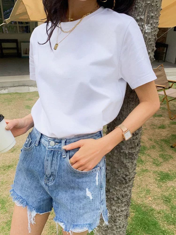 기초 섹션 순면 화이트 라운드 넥 반팔 티셔츠 여성 여름 루즈핏 슬림해 보이는 긍정적 인 어깨 만나는 동정 맨위 상세 이미지 2