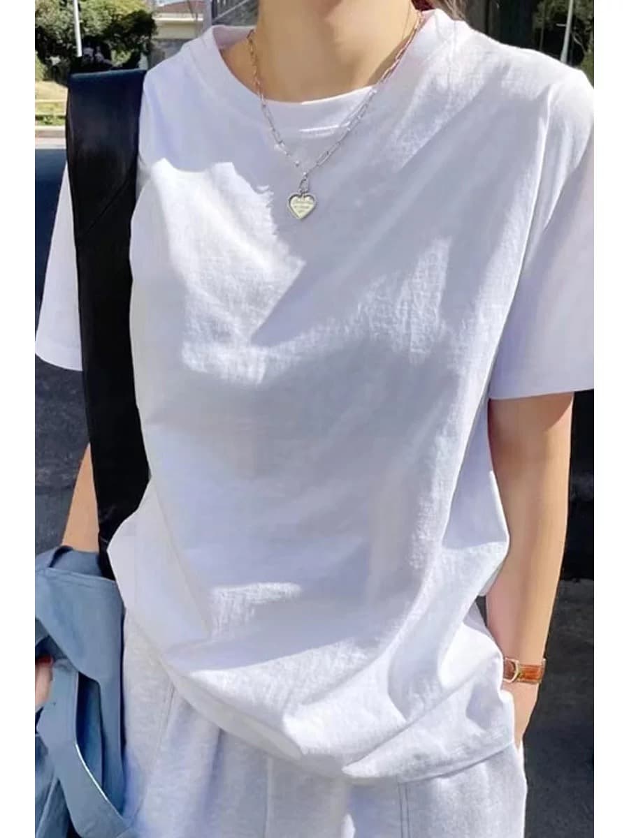 미니멀리즘 기초 통기성 순면 화이트 라운드 넥 반팔 티셔츠 여성 여름 루즈핏 다용도 캐주얼 한 부서 긍정적 인 어깨 의류 상세 이미지 6