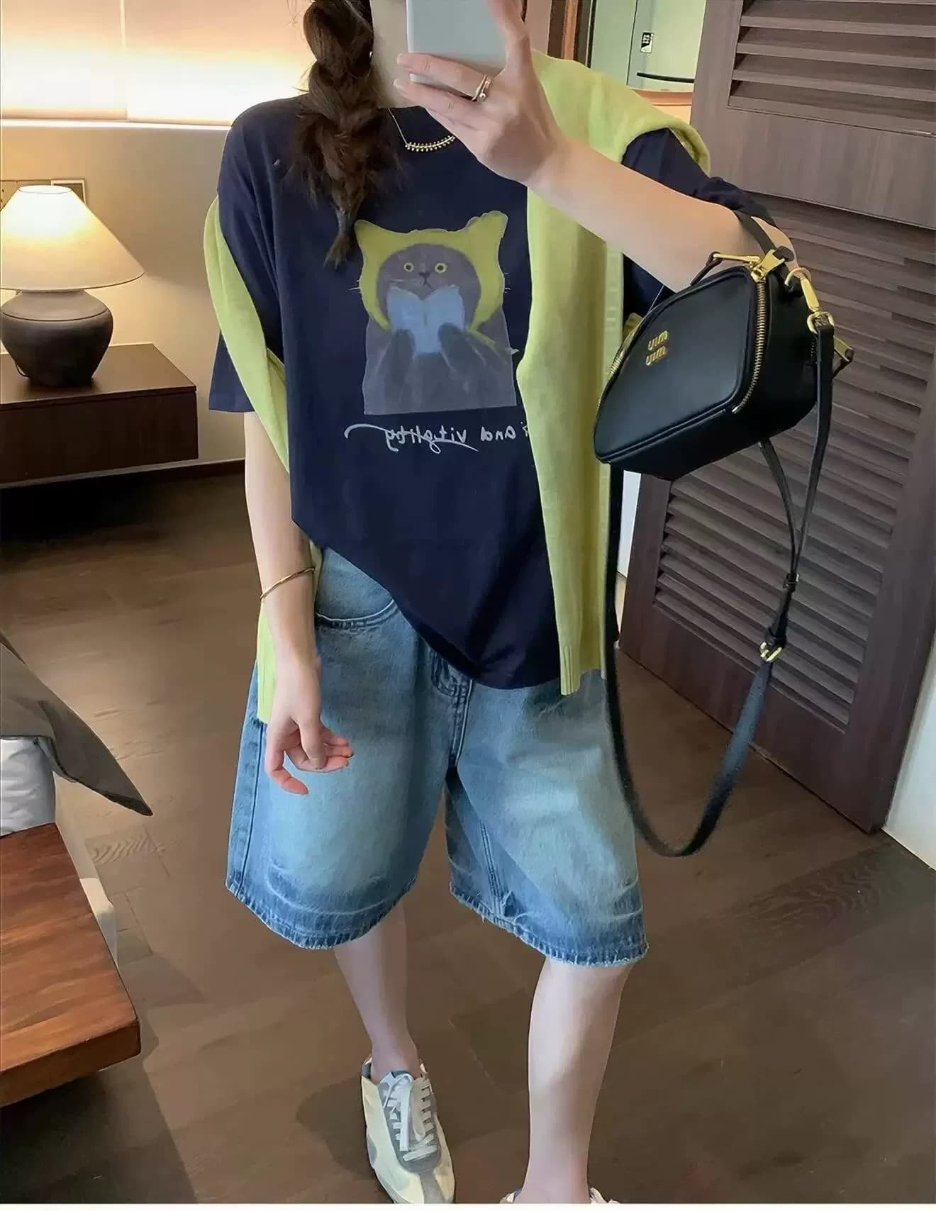 한 부서 연령 감소 고양이 프린트 라운드 넥 반팔 티셔츠 여성 여름 루즈핏 슬림해 보이는 다용도 캐주얼 만나는 맨위 여성 이미지 4