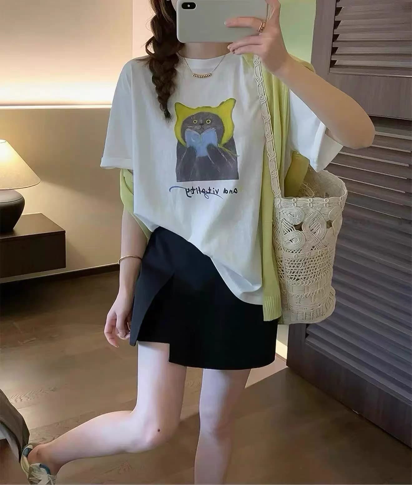 한 부서 연령 감소 고양이 프린트 라운드 넥 반팔 티셔츠 여성 여름 루즈핏 슬림해 보이는 다용도 캐주얼 만나는 맨위 여성 상세 이미지 2