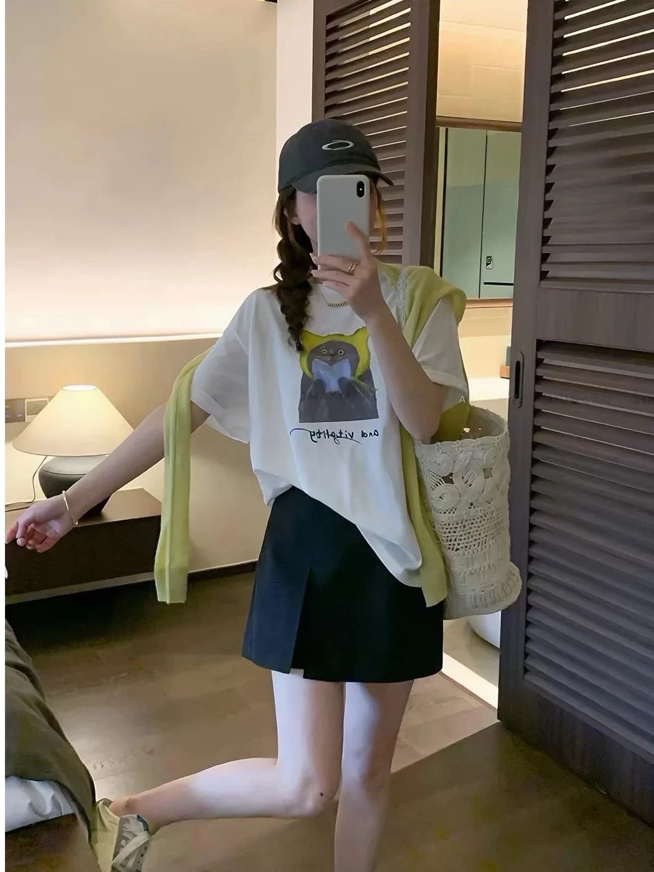 한 부서 연령 감소 고양이 프린트 라운드 넥 반팔 티셔츠 여성 여름 루즈핏 슬림해 보이는 다용도 캐주얼 만나는 맨위 여성 상세 이미지 4