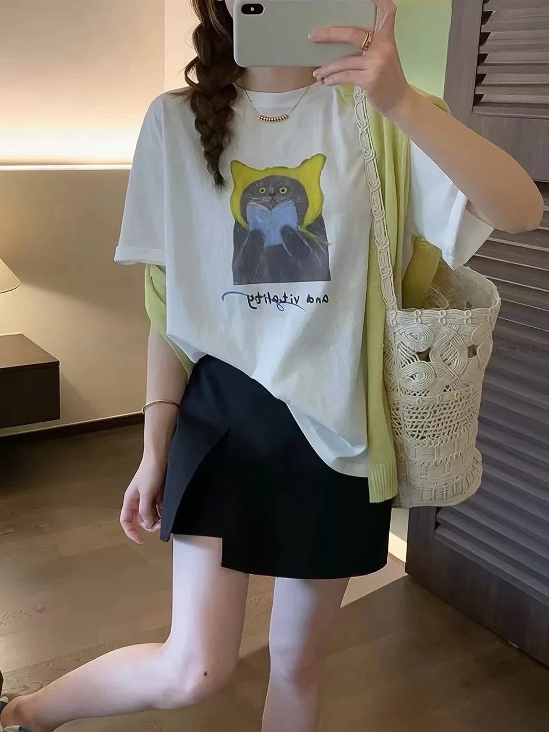 한 부서 연령 감소 고양이 프린트 라운드 넥 반팔 티셔츠 여성 여름 루즈핏 슬림해 보이는 다용도 캐주얼 만나는 맨위 여성 상세 이미지 6