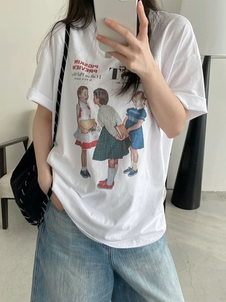 도파민 배색 레트로 초상화 반팔 티셔츠 여성 여름 캐주얼 루즈핏 느긋한 슬림해 보이는 맨위