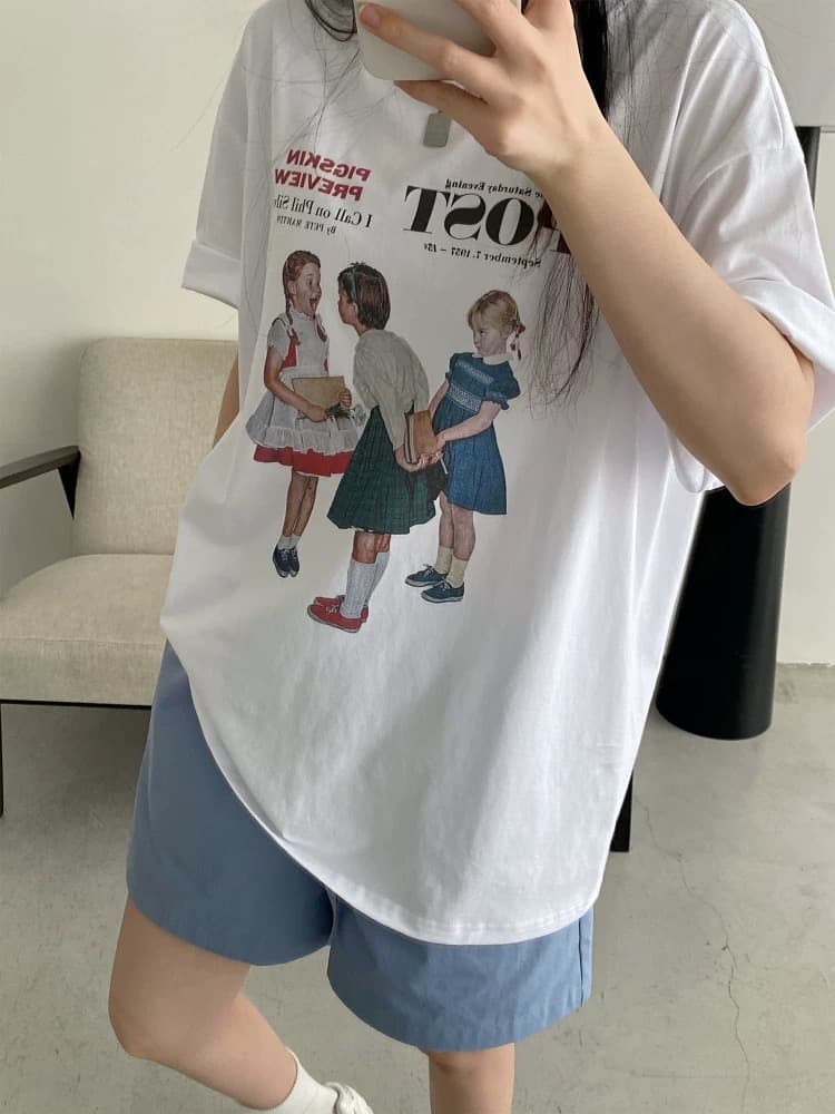 도파민 배색 레트로 초상화 반팔 티셔츠 여성 여름 캐주얼 루즈핏 느긋한 슬림해 보이는 맨위 이미지 3