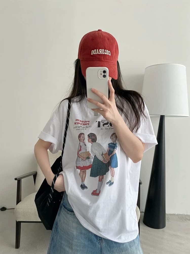 도파민 배색 레트로 초상화 반팔 티셔츠 여성 여름 캐주얼 루즈핏 느긋한 슬림해 보이는 맨위 이미지 4