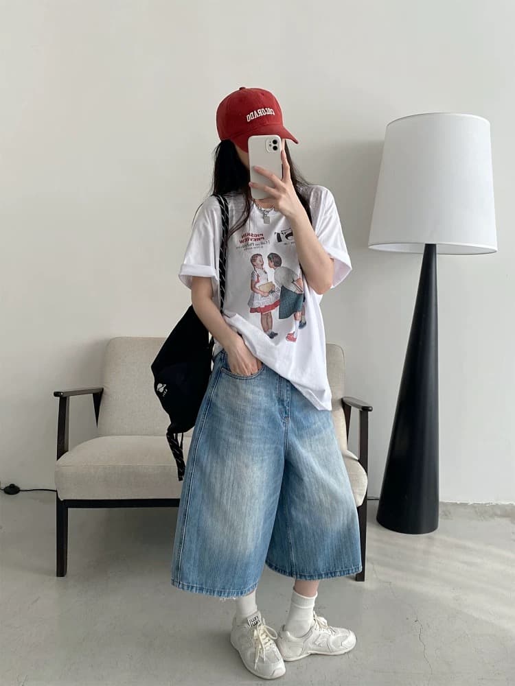 도파민 배색 레트로 초상화 반팔 티셔츠 여성 여름 캐주얼 루즈핏 느긋한 슬림해 보이는 맨위 상세 이미지 1