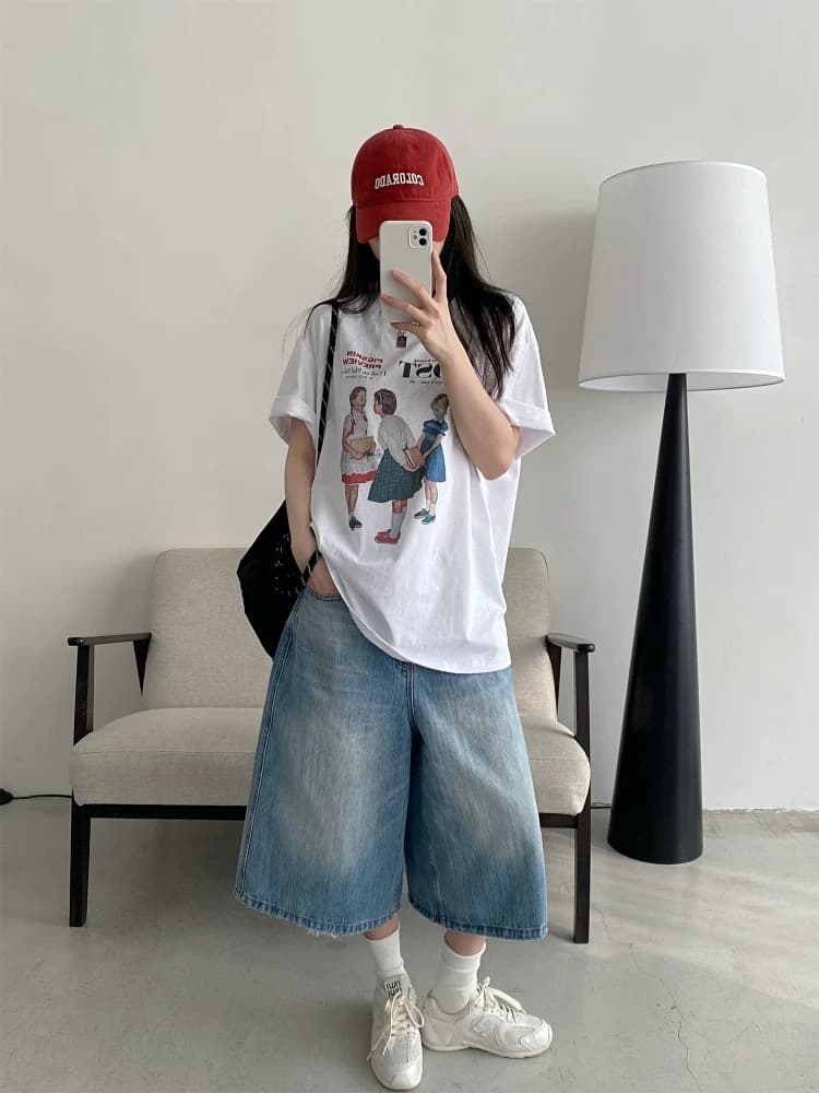 도파민 배색 레트로 초상화 반팔 티셔츠 여성 여름 캐주얼 루즈핏 느긋한 슬림해 보이는 맨위 상세 이미지 3
