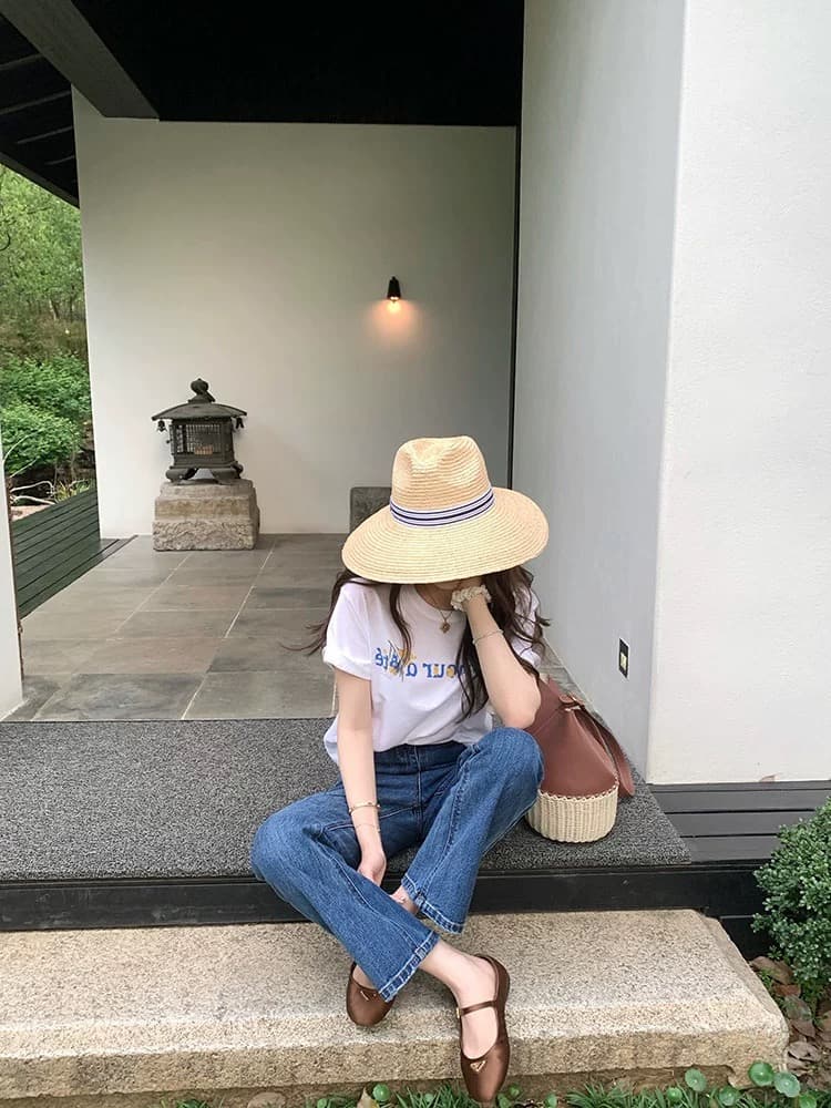 디자인 센스 작은 대중 프린트 순면 화이트 라운드 넥 반팔 티셔츠 여성 여름 루즈핏 미니멀리즘 캐주얼 긍정적 인 어깨 의류 상세 이미지 2