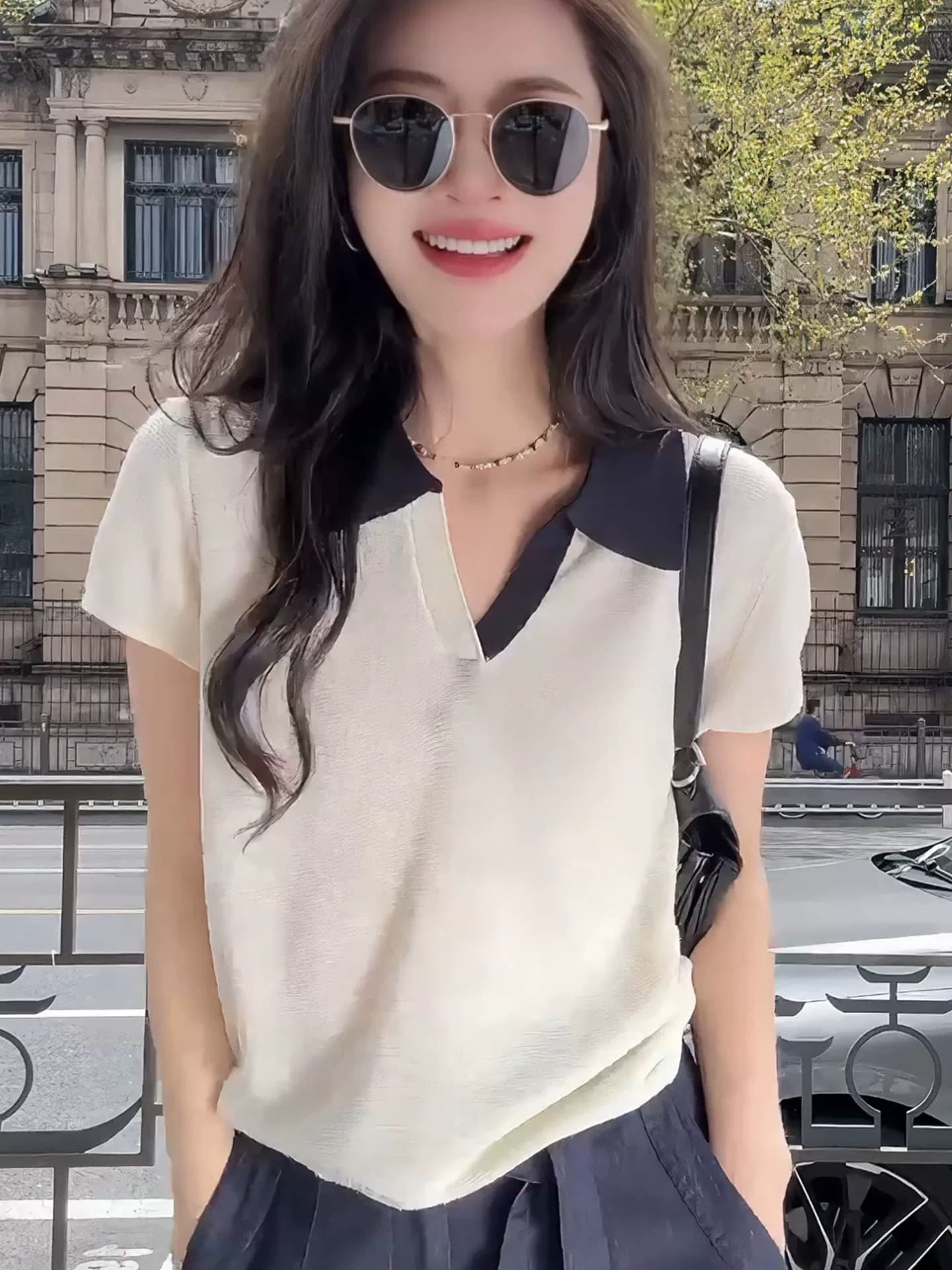 한 부서 품격 폴로 칼라 배색 반팔 티셔츠 여성 2026 여름 새로운 직장 출퇴근 고급 센스 착용 잡아라. 의류 상세 이미지 1