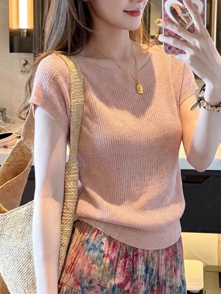 한 부서 부드러운 핑크색 긍정적 인 어깨 반팔 티셔츠 여성 여름 작은 셔츠 몸매 가꾸기 슬림해 보이는 품격 다용도 니트 스웨터 맨위 이미지 2
