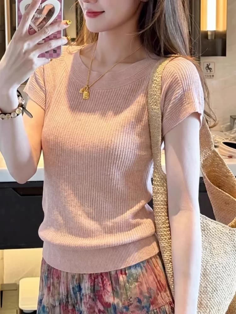 한 부서 부드러운 핑크색 긍정적 인 어깨 반팔 티셔츠 여성 여름 작은 셔츠 몸매 가꾸기 슬림해 보이는 품격 다용도 니트 스웨터 맨위 상세 이미지 2