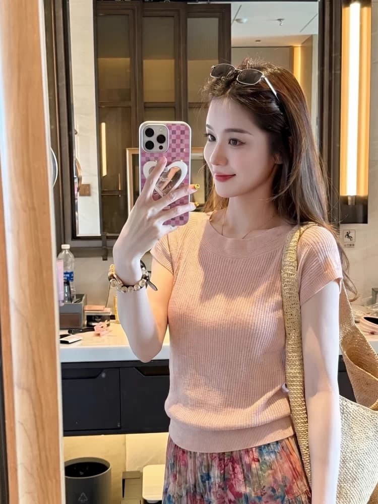 한 부서 부드러운 핑크색 긍정적 인 어깨 반팔 티셔츠 여성 여름 작은 셔츠 몸매 가꾸기 슬림해 보이는 품격 다용도 니트 스웨터 맨위 상세 이미지 4