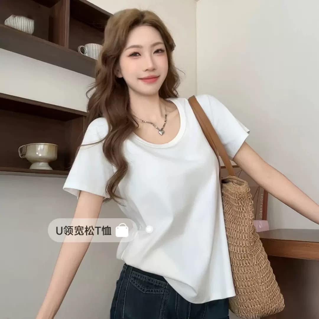 핑크색 루즈핏 u 칼라 반팔 티셔츠 여성 여름 도파민 캐주얼 느긋한 바람 다용도 단색 맨위 상세 이미지 1