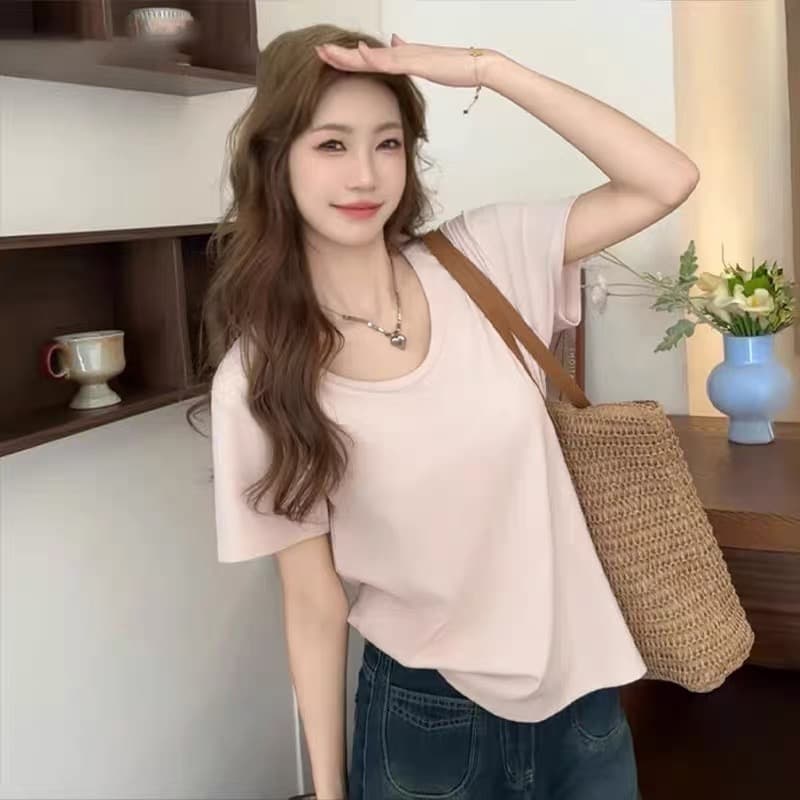 핑크색 루즈핏 u 칼라 반팔 티셔츠 여성 여름 도파민 캐주얼 느긋한 바람 다용도 단색 맨위 상세 이미지 2