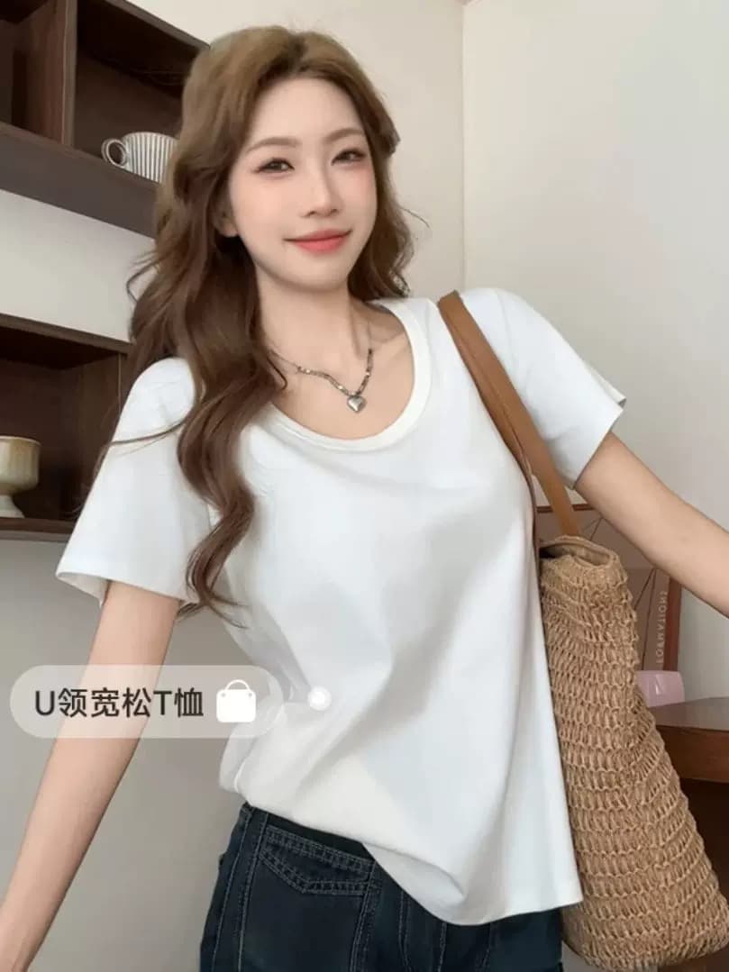 핑크색 루즈핏 u 칼라 반팔 티셔츠 여성 여름 도파민 캐주얼 느긋한 바람 다용도 단색 맨위 상세 이미지 4