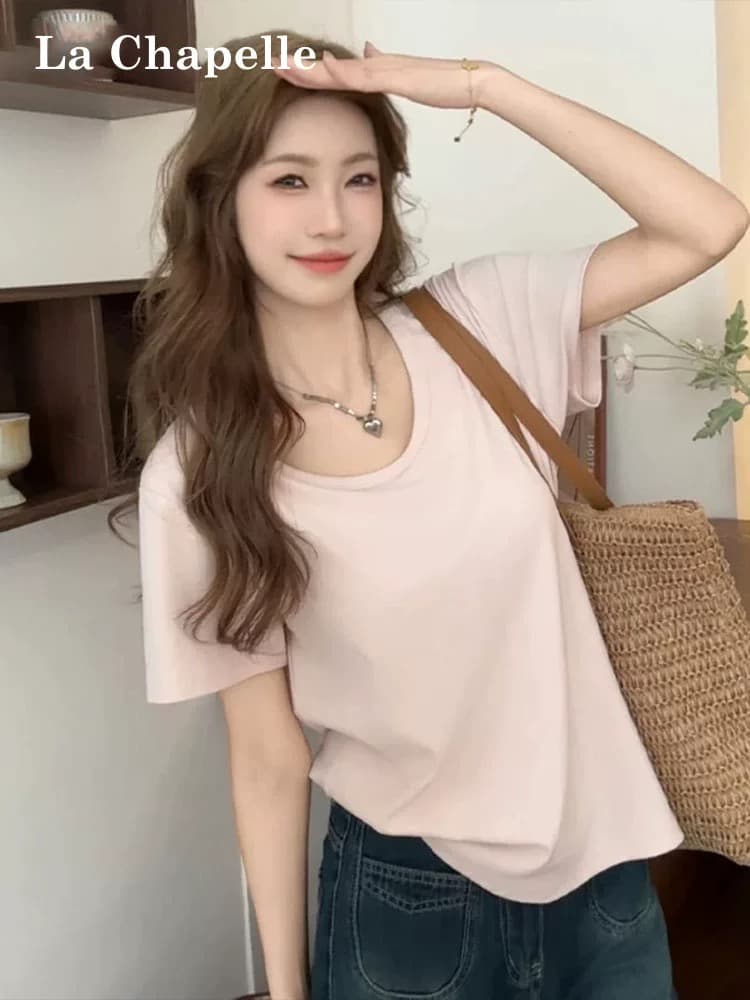 핑크색 루즈핏 u 칼라 반팔 티셔츠 여성 여름 도파민 캐주얼 느긋한 바람 다용도 단색 맨위 상세 이미지 5