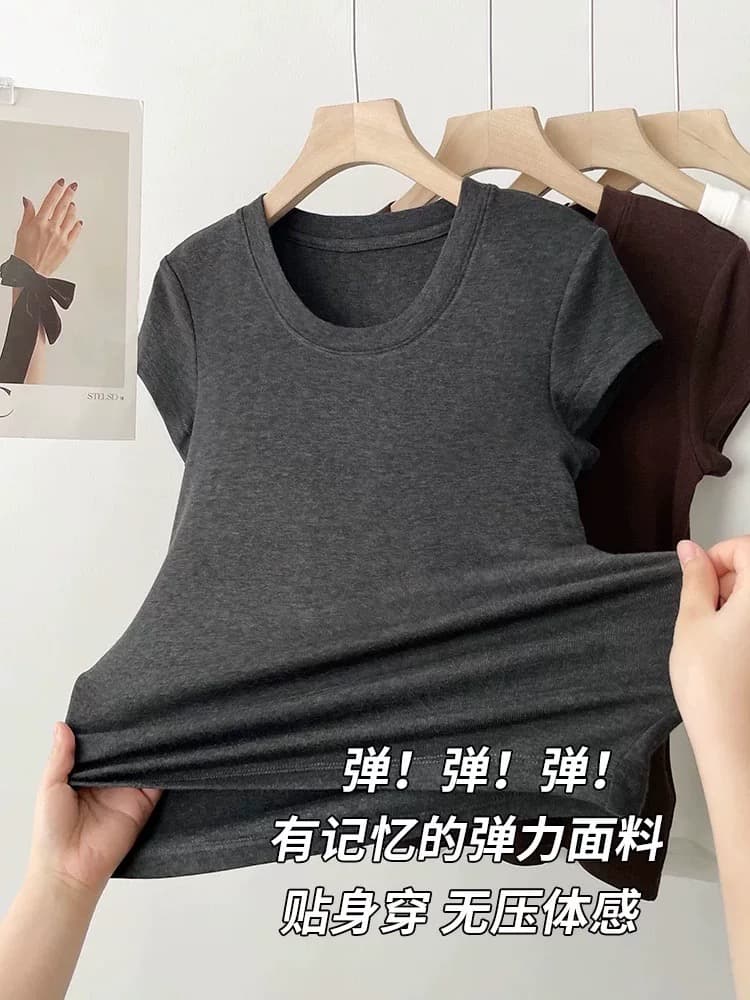 루즈핏 u 칼라 반팔 티셔츠 여성 여름 도파민 캐주얼 느긋한 바람 다용도 단색 맨위 이미지 3