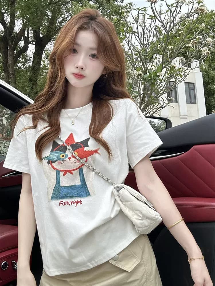 화이트 프린트 라운드 넥 반팔 티셔츠 여성 여름 루즈핏 캐주얼 순면 연령 감소 긍정적 인 어깨 의류 얇은