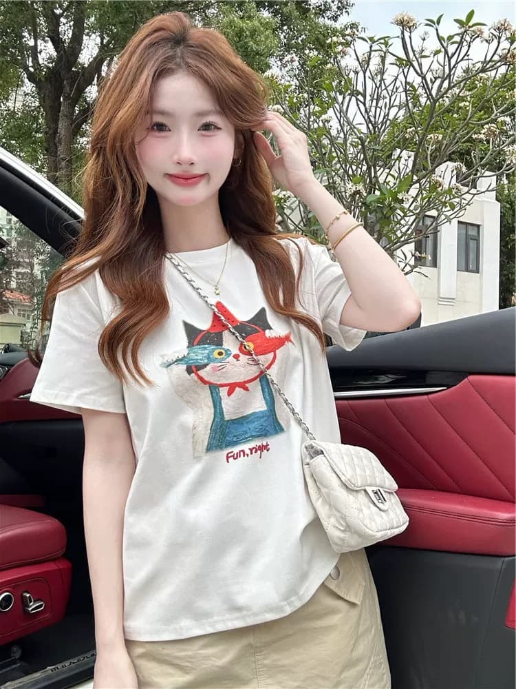 화이트 프린트 라운드 넥 반팔 티셔츠 여성 여름 루즈핏 캐주얼 순면 연령 감소 긍정적 인 어깨 의류 얇은 이미지 4