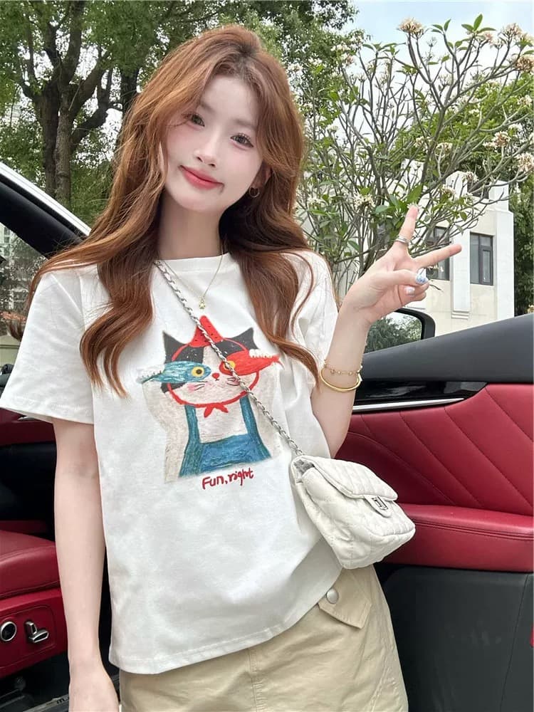 화이트 프린트 라운드 넥 반팔 티셔츠 여성 여름 루즈핏 캐주얼 순면 연령 감소 긍정적 인 어깨 의류 얇은 상세 이미지 1