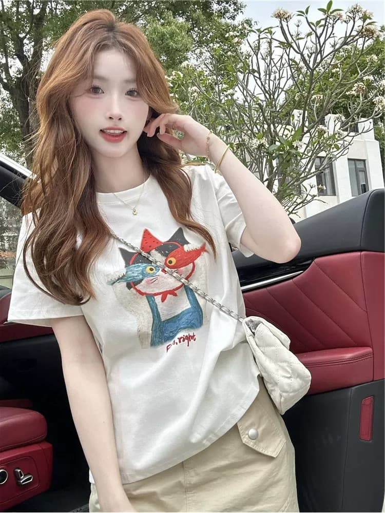 화이트 프린트 라운드 넥 반팔 티셔츠 여성 여름 루즈핏 캐주얼 순면 연령 감소 긍정적 인 어깨 의류 얇은 상세 이미지 3