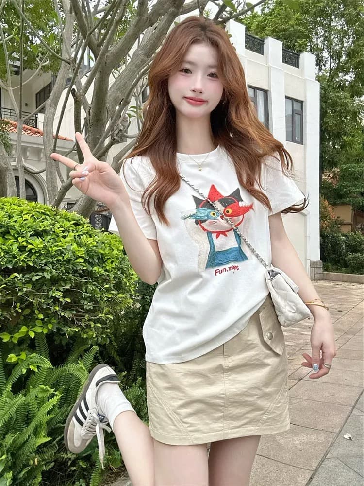 화이트 프린트 라운드 넥 반팔 티셔츠 여성 여름 루즈핏 캐주얼 순면 연령 감소 긍정적 인 어깨 의류 얇은 상세 이미지 5
