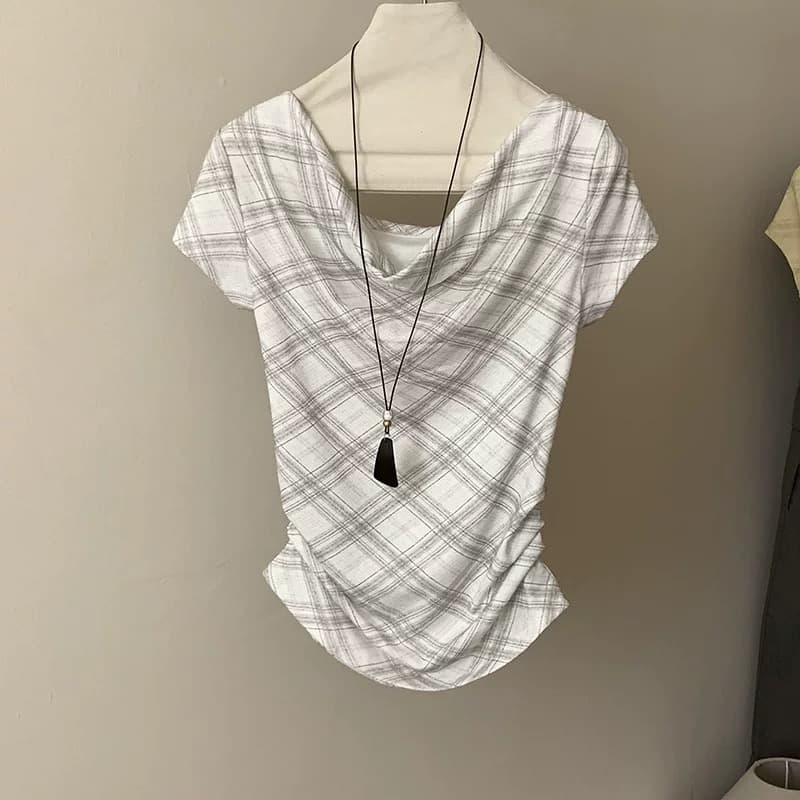 한 부서 느슨함 바람 홀로우 아웃 백리스 체크무늬 흔들다 칼라 반팔 티셔츠 여성 26 여름 허리 수축 주름 슬림해 보이는 맨위 상세 이미지 2