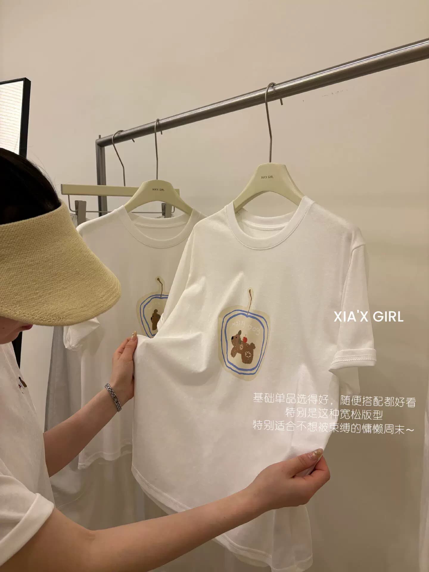 화이트 아마 프린트 반팔 티셔츠 여성 여름 루즈핏 캐주얼 느슨함 라운드 넥 긍정적 인 어깨 의류 얇은 상세 이미지 5