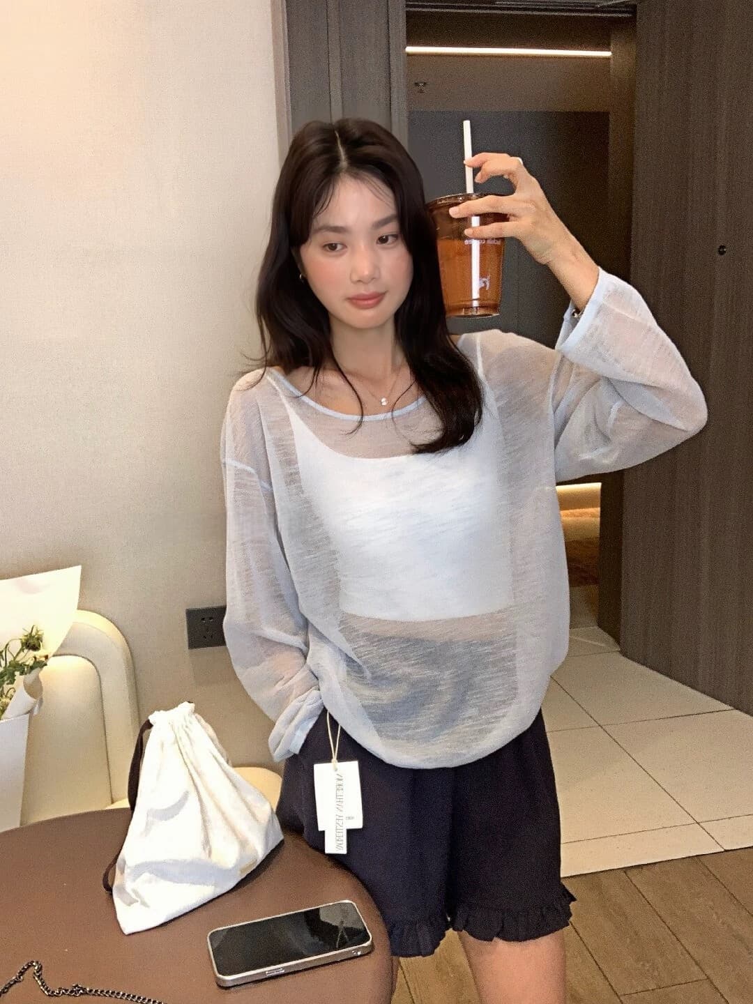 긴팔 티셔츠 맨위 여성 봄 여름 얇은 스타일 느긋한 느슨함 센스 루즈핏 슬림해 보이는 마이크로 ~을 통해 자외선 차단 블라우스 상세 이미지 5
