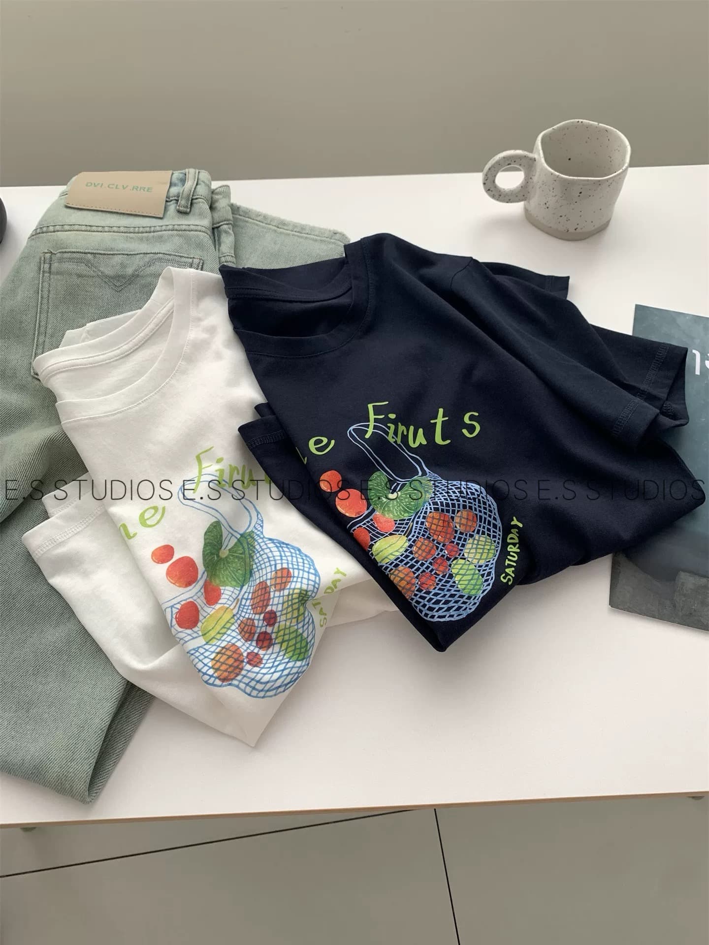 고급 센스 화이트 아마 일본식 프린트 반팔 티셔츠 여성 여름 루즈핏 캐주얼 느슨함 라운드 넥 긍정적 인 어깨 의류 얇은 상세 이미지 1
