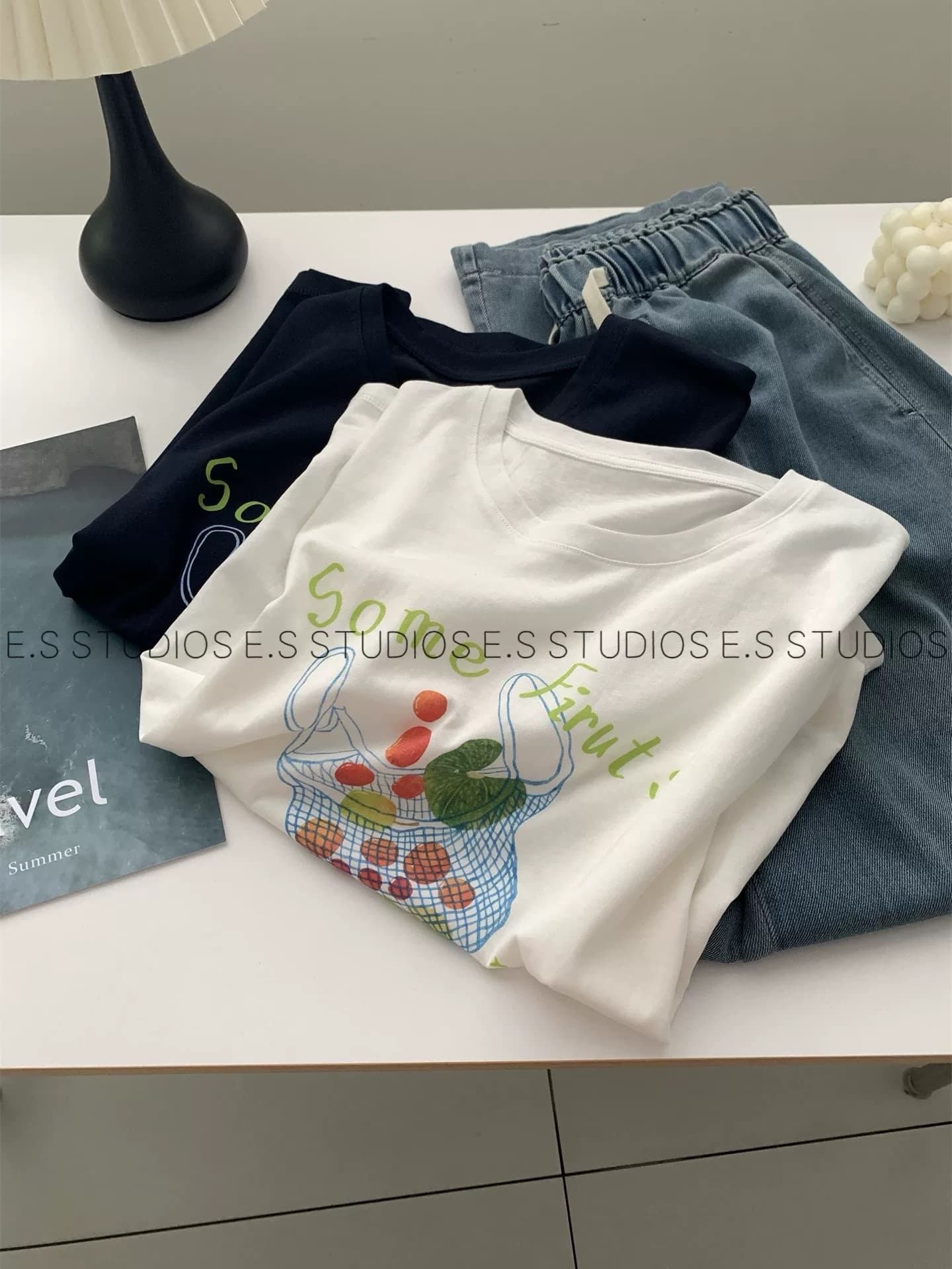 고급 센스 화이트 아마 일본식 프린트 반팔 티셔츠 여성 여름 루즈핏 캐주얼 느슨함 라운드 넥 긍정적 인 어깨 의류 얇은 상세 이미지 2