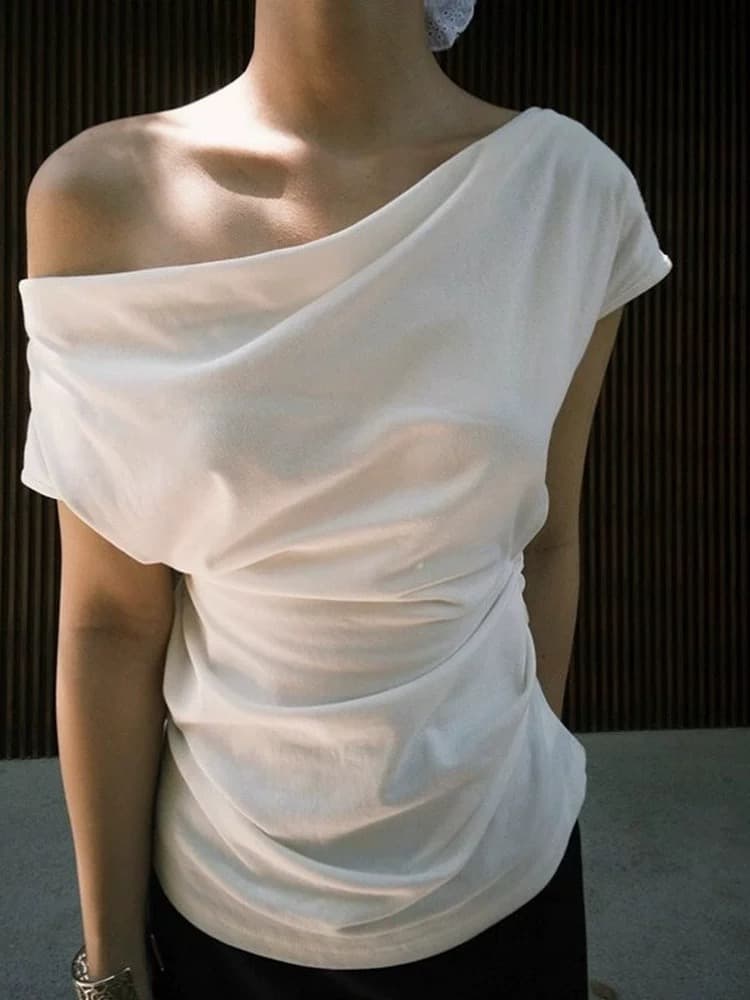 불규칙 비스듬한 어깨 보트넥 화이트 반팔 티셔츠 여성 여름 디자인 센스 슬림해 보이는 허리 수축 오프숄더 몸매 가꾸기 맨위 상세 이미지 5