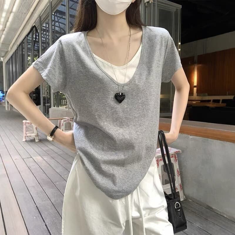 느긋한 바람 회색 페이크 레이어드 V넥 반팔 티셔츠 여성 여름 디자인 센스 루즈핏 캐주얼 느슨함 센스 긍정적 인 어깨 의류 상세 이미지 5