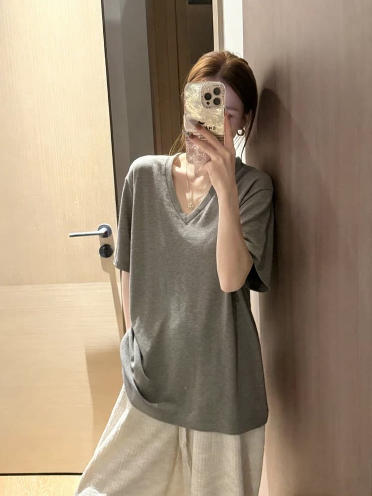 한 부서 V넥 회색 긍정적 인 어깨 반팔 티셔츠 여성 여름 느긋한 바람 느슨함 센스 루즈핏 슬림해 보이는 캐주얼 동정 맨위