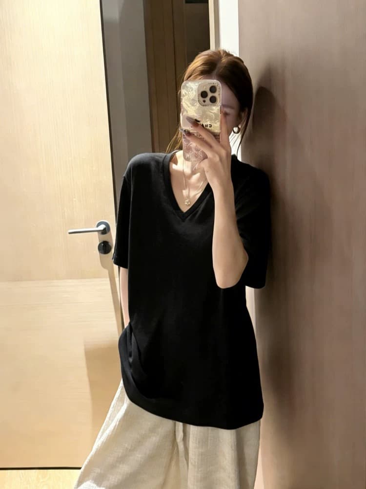 한 부서 V넥 회색 긍정적 인 어깨 반팔 티셔츠 여성 여름 느긋한 바람 느슨함 센스 루즈핏 슬림해 보이는 캐주얼 동정 맨위 이미지 4