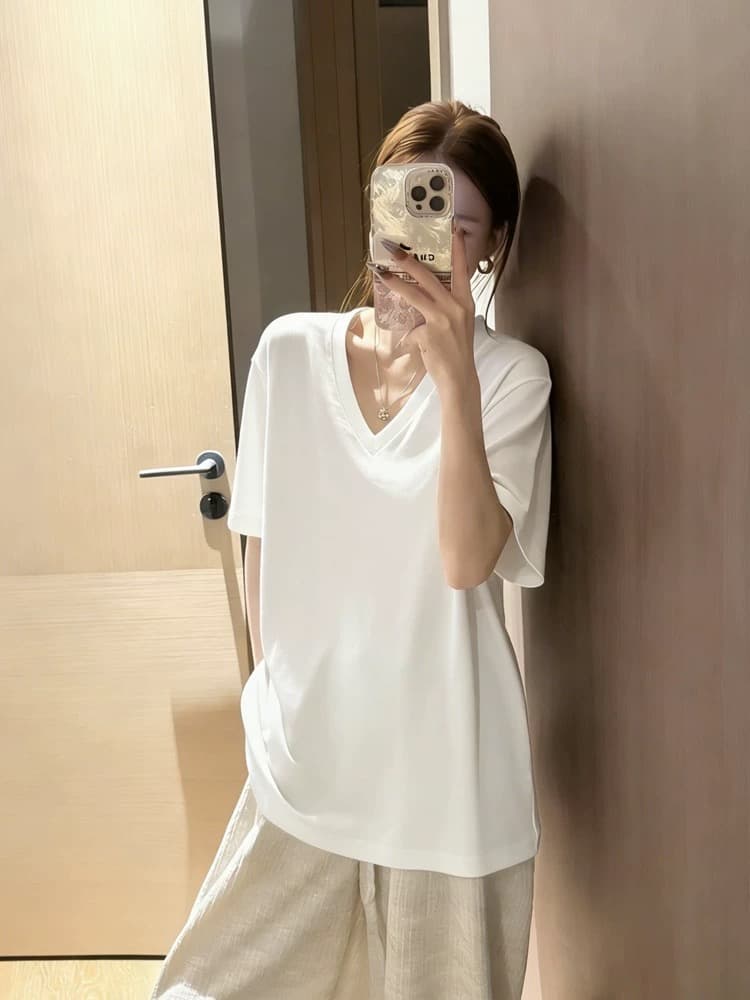 한 부서 V넥 회색 긍정적 인 어깨 반팔 티셔츠 여성 여름 느긋한 바람 느슨함 센스 루즈핏 슬림해 보이는 캐주얼 동정 맨위 상세 이미지 2